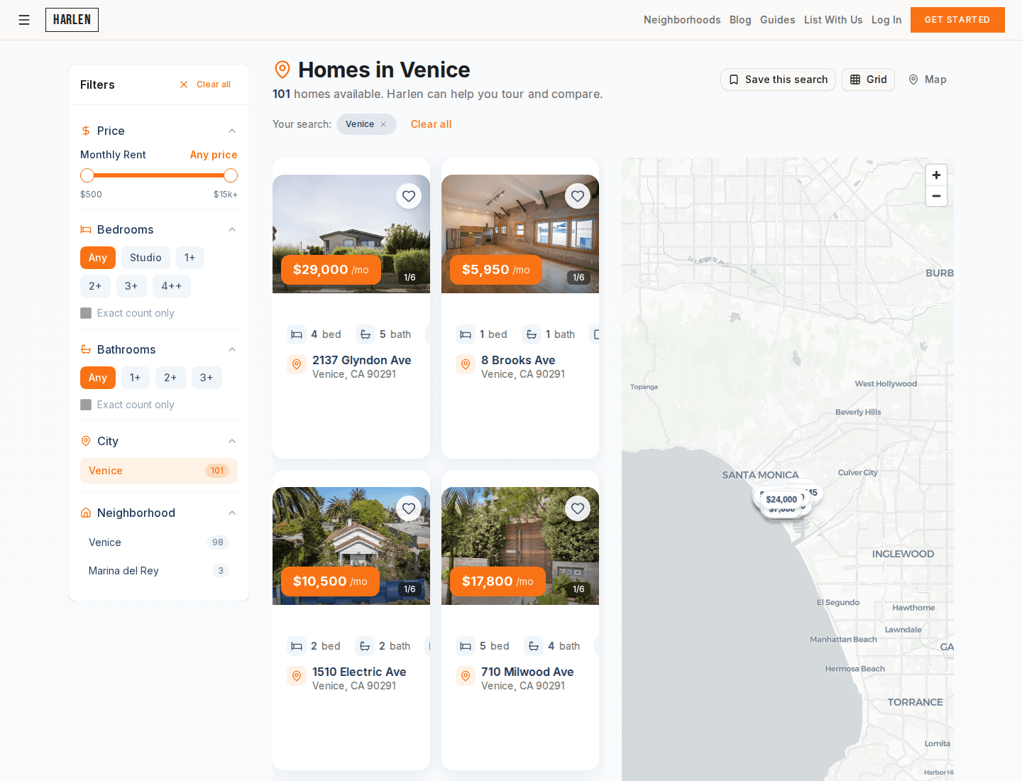 Harlen search page showing rental listings filtered by neighborhood and price